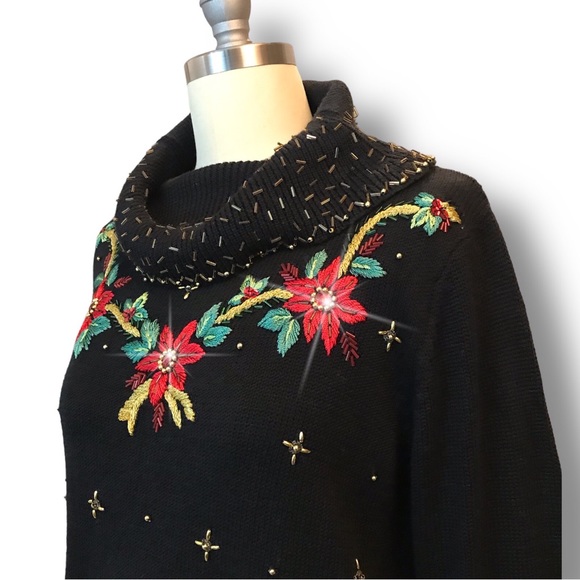 Theme Works Woman's Cardigan Sz PM Black Sequins Poinsettia Holiday Beaded - Picture 8 of 12